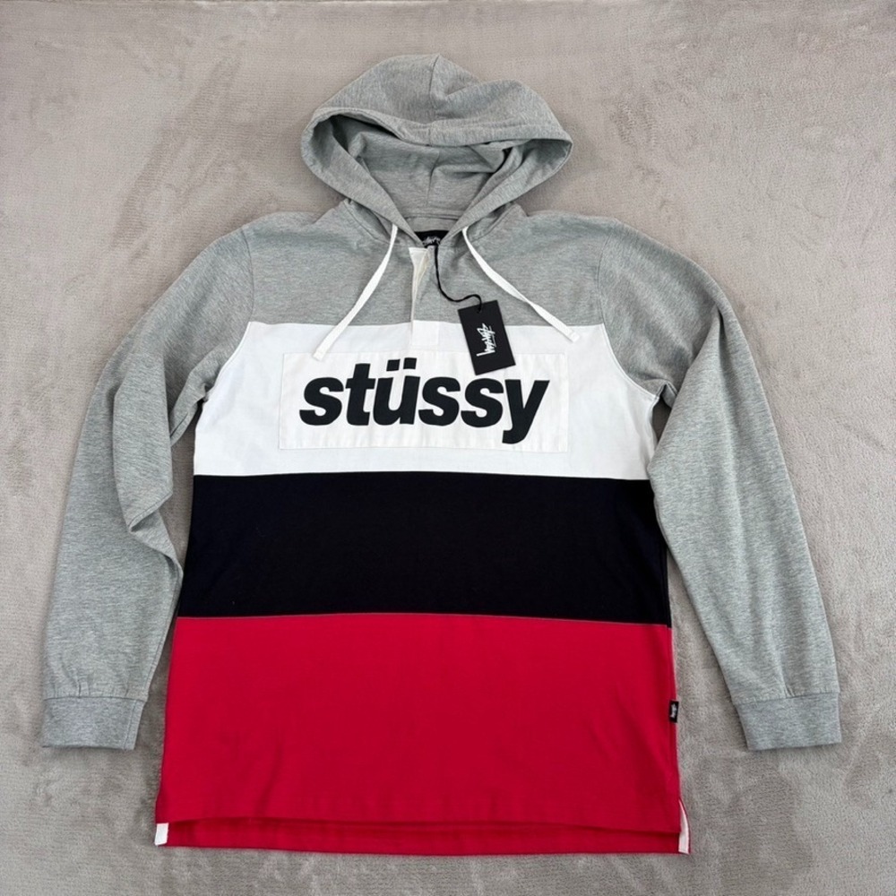 Stussy Rugby Shirt Spell Out Logo Hoodie Grey Black Red Colorblock Men Large NWT